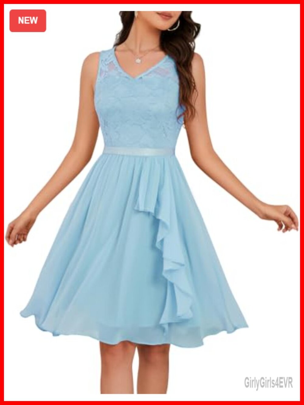 Lace Chiffon Cocktail Party Dress V-Neck Ruffle Hem Sleeveless Formal Wedding
